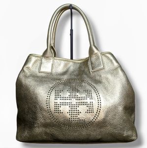 Tory Burch | Metallic Silver Leather Perforated Logo Ella Tote